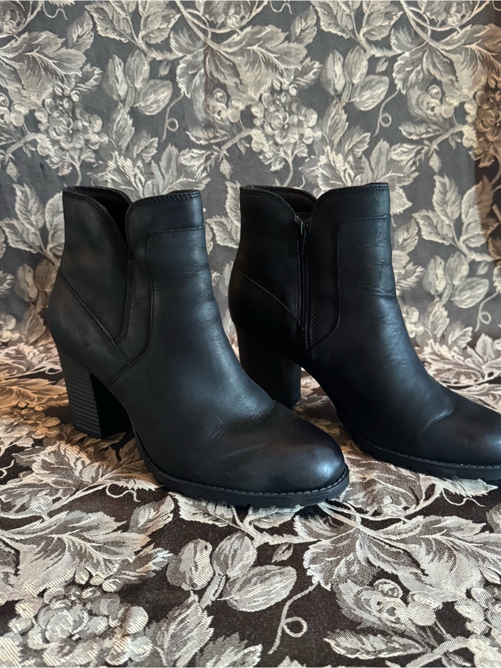 Clarks Black Leather Ankle Booties with Stacked Heel